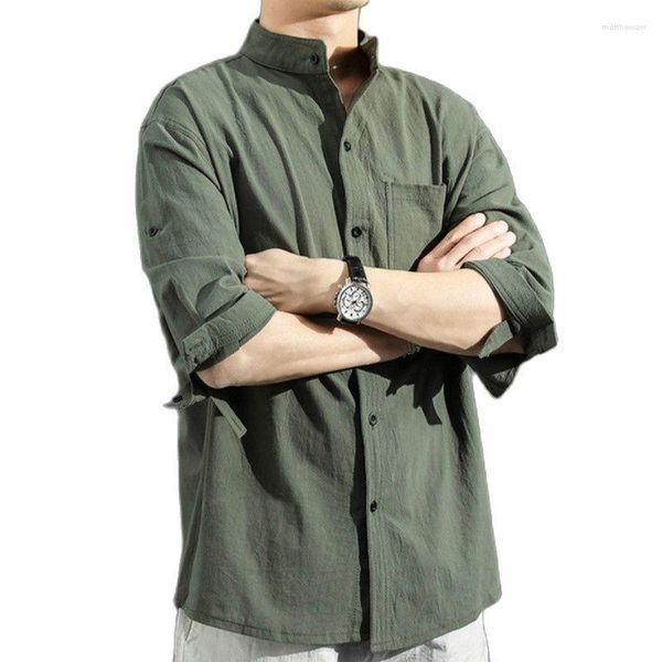 Camicie casual da uomo Camicia di lino Uomo 2023 Estate stile cinese Colletto alla coreana Allentato Taglia grande Sottile Manica corta da sette minuti M-5XL