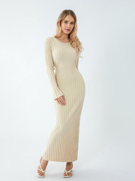 Damen-Badebekleidung Damen-Maxikleid aus geripptem Strick mit langen Ärmeln, gerüschten Faltendetails und rundem Ausschnitt – Y2K-Bodycon-Pullover-Midi