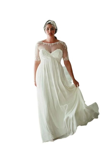 Plus-Size-Brautkleider mit halben Ärmeln, transparentem Juwelenausschnitt, A-Linie, Spitzenapplikation, Brautkleider, Chiffon-Hochzeitskleid mit Empire-Taille