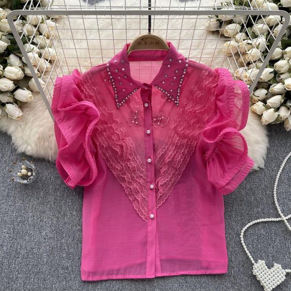 Blusas femininas de verão com miçangas, lapela de diamante, flores, babados, camisa branca, senhora, escritório, manga curta, blusas pretas, transpassadas