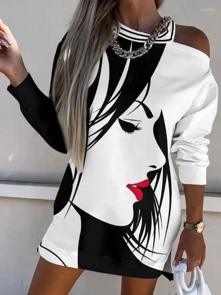 Männer Hoodies 2023 Frühling Lose Langarm Mini Kleid Vintage Büro Frauen Rundhals Dünne Weibliche Casual Face Print Party hohl