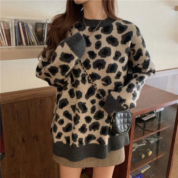 Maglioni da donna 2023 Pullover con fondo allentato vintage pigro O collo Maglione leopardato a maniche lunghe Maglieria da donna Stampa Top Casual Autunno