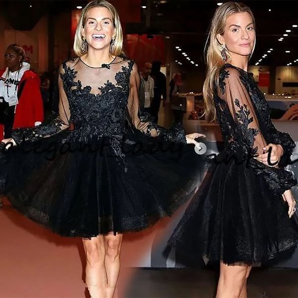 Abito da ritorno a casa Laurea Abito da ballo di fine anno nero Nuovo cocktail Plus Size Abito personalizzato Applique Una linea O-Collo Manica lunga Tulle Al ginocchio