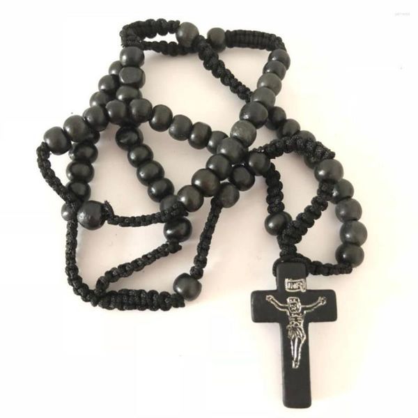 Collane con ciondolo Uomo Donna Cristo nero Perline di legno 8mm Rosario Perlina Croce Corda intrecciata Collana Accessori per gioielli