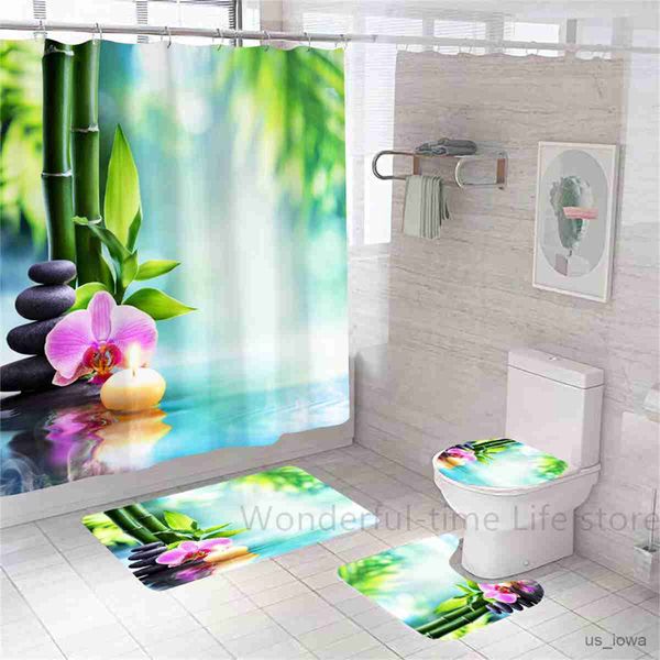 Cortinas de chuveiro zen estátua cortina de chuveiro luxo verde bambu flor tecido à prova dwaterproof água massagem pedra orquídea banheiro cortina tapetes conjunto