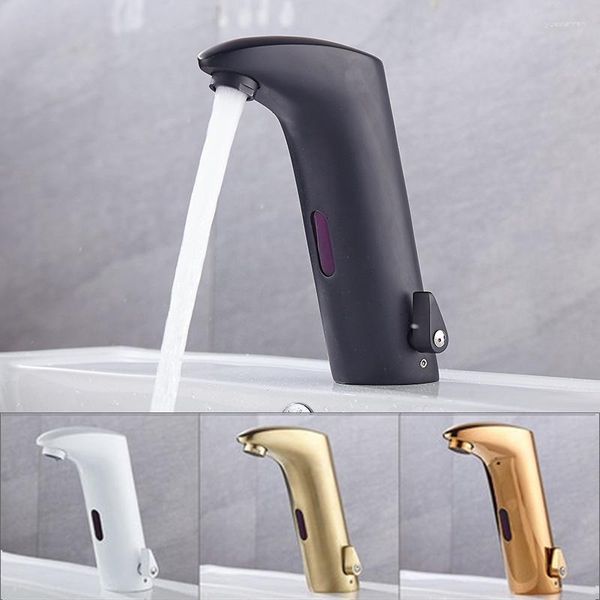 Rubinetti per lavabo da bagno Rubinetto sensore in oro rosa montato su piattaforma in ottone Rubinetti a infrarossi neri opachi Lavabo spazzolato