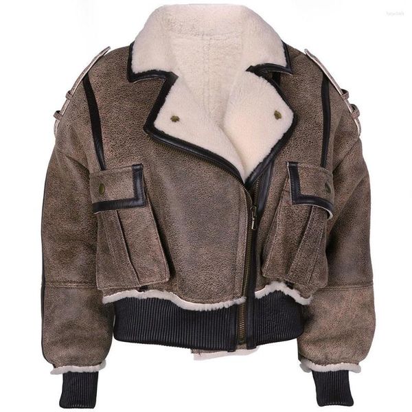 Damen Leder YOLOAgain Winter Warm Lammfell Futter Shearling Jacke Mantel Frauen Übergroße Vintage Damen