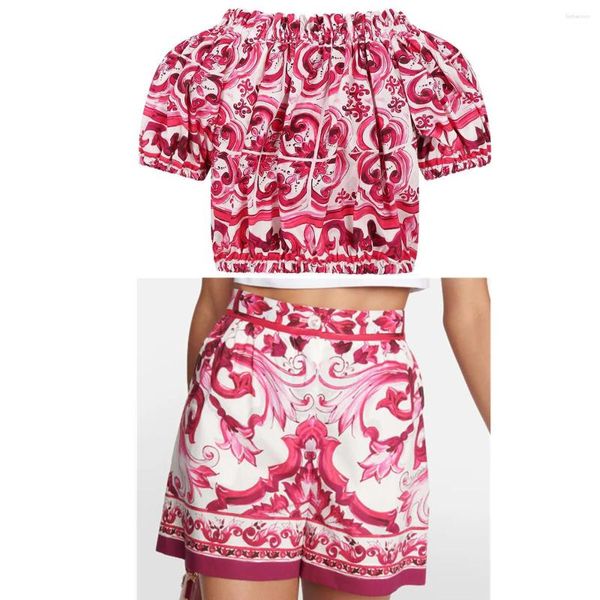 Moda feminina Moda Mulheres Fuchsia Impresso na blusa de top ombro e shorts de algodão conjunto de designers inspirados em 2023