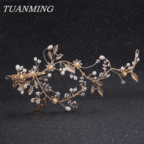 Golden Leaf Perle Frauen Stirnband Braut Tiara Handgemachte Perle Haar Clips Hochzeit Kopfschmuck Pflanzen Haarbänder L230704