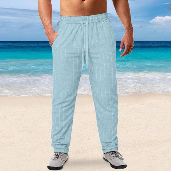 Calças masculinas de linho de algodão com estampa listrada cor sólida cintura elástica solta respirável calças compridas masculino casual streetwear