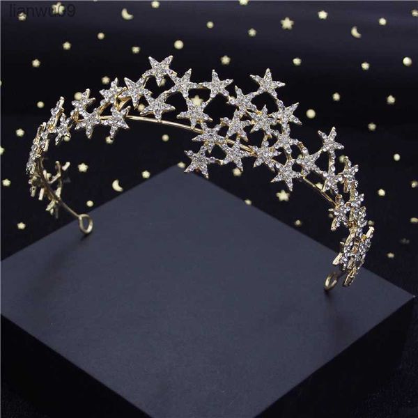 Moda barroco metal estrelas strass coroa tiaras para noiva cocar rainha baile de formatura diadema casamento jóias de cabelo meninas l230704