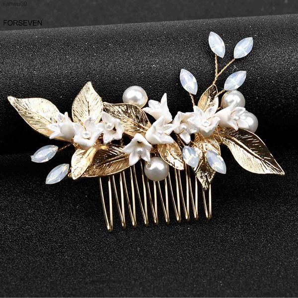 Pentes de cabelo de flor branca para casamento de noiva ouro prata folha de metal headpiece pérola cocar feminino meninas festa cabelo jóias L230704