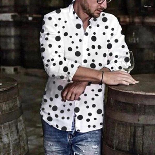 Мужские повседневные рубашки модная мужская одежда Черно-белая в горошек припечаток с длинными рубашками с длинными рубашками 2023 Весенняя осень атрита износа кардиган