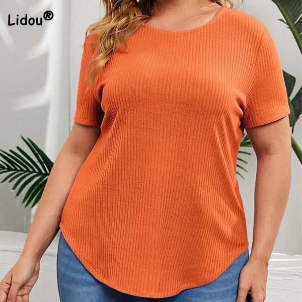 Damen Plus Size T-Shirt Frühling Sommer Back Button Casual T-Shirt Streetwear Einfarbig Pit Strip Kurzarm Lose Pullover Plus Size Damen Tops 230717