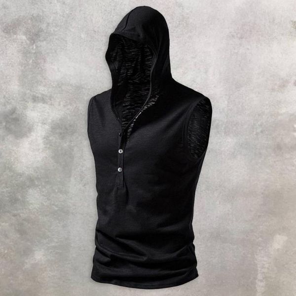 Herren Tanktops Männer Sweatshirt Weste Slim Fit Knöpfe Ausschnitt Sport Vollfarbener Pullover Elastic Hoodie Bodybuilding Kapuze -Oberteil