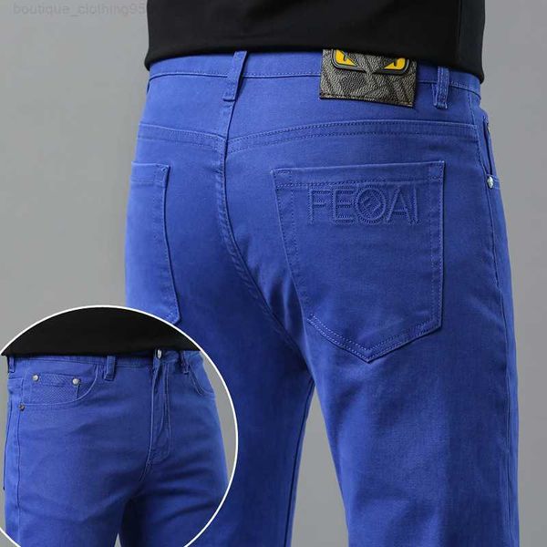 Jeans de grife quente verão novo jeans para homens luz luxo edição coreana pés elásticos finos ajuste fino algodão bala personalizado monstro azul