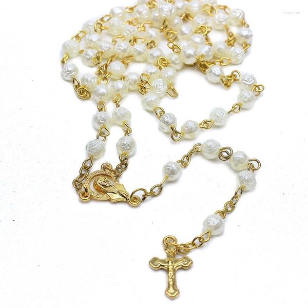 Anhänger Halsketten Gold Farbe Rose Rosenkranz Halskette Blume Kreuz Perlen Frauen Religiöse Katholische Christliche Gebet Schmuck