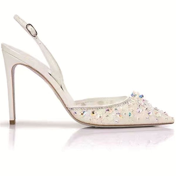 2023 Senhoras Sandálias de Couro Real 9.5cm Stiletto Salto Alto Dedo Apontado Pilhagem Diamante Sapatos Coloridos Festa Net Lace Fada Casamento Americano Europa Fivela Tamanho 34-42