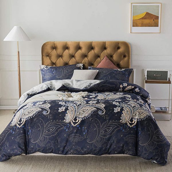 Conjuntos de cama simples opulência 3 pçs conjunto de roupa de cama de casal azul marinho pavão fronha king size capa de edredom lençol 230717