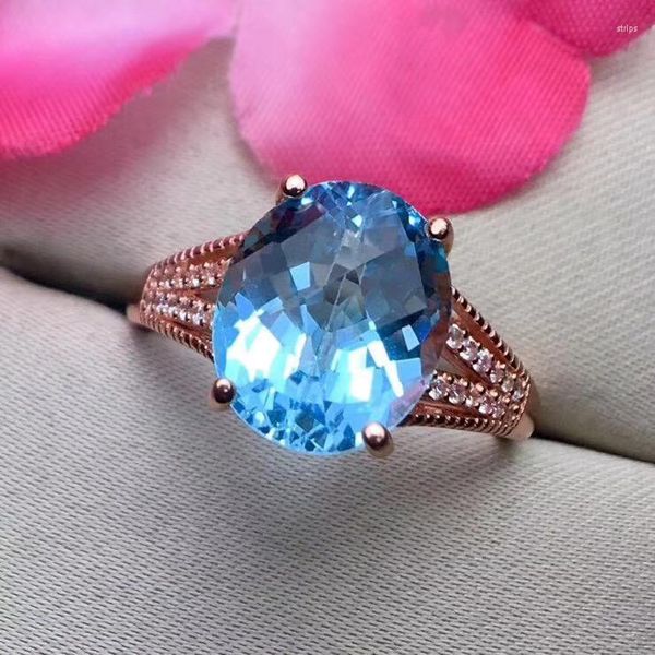 Cluster-Ringe, natürlicher blauer Topas, Ring aus echtem 925er-Sterlingsilber, edler Schmuck, 9 bis 11 mm Edelstein