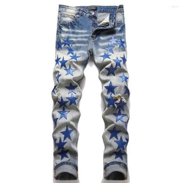 Jeans Masculino Hip Hop Jeans Slim Fit Ripped Designer de Luxo Calças Harajuku Couro Estrelas Patchwork Bordado Calça Mendigo