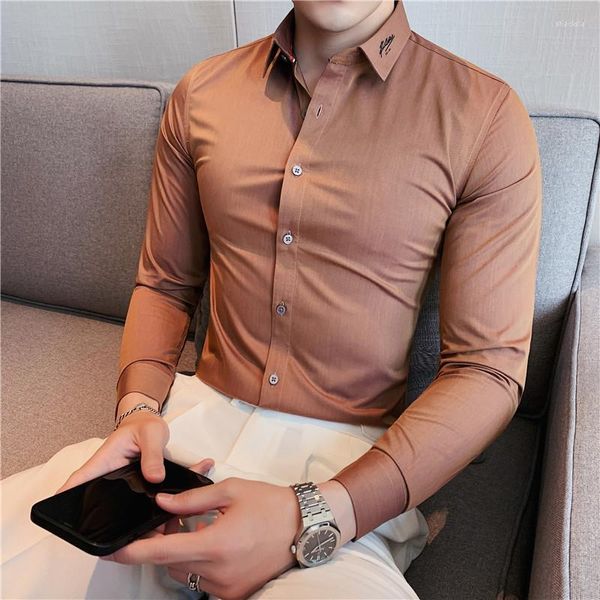 Camisas sociais masculinas 2023 decote requintado bordado camisa manga longa slim fit social street wear negócios casual