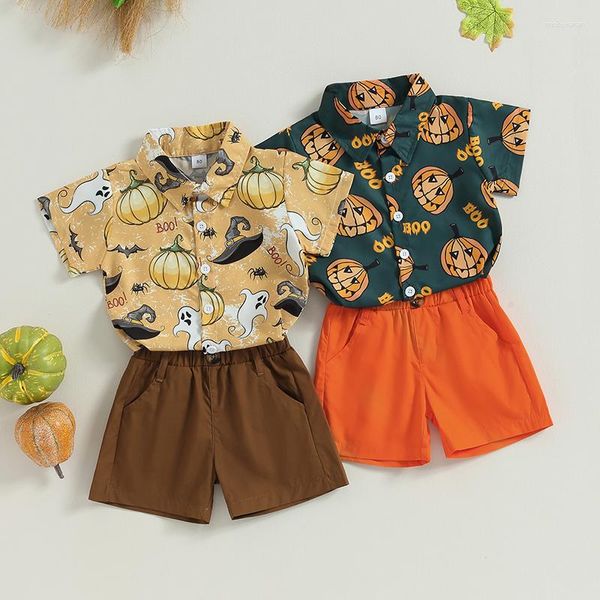 Conjuntos de roupas FOCUSNORM 0-4Y Halloween Crianças Meninos Roupas de Cavalheiro 2 peças Camisas de Manga Curta Estampadas de Abóbora Shorts