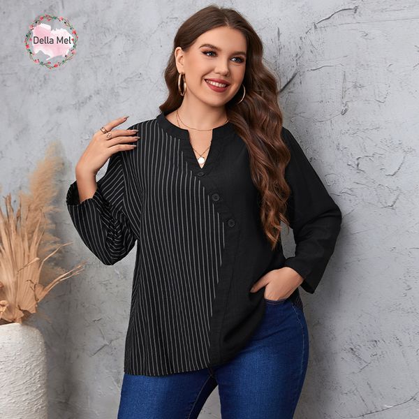 T-shirt taglie forti da donna Della Mel Taglie forti Abbigliamento donna Top Abbigliamento primavera autunno Donna Taglie forti Camicetta oversize manica lunga allentata a righe casual 230715