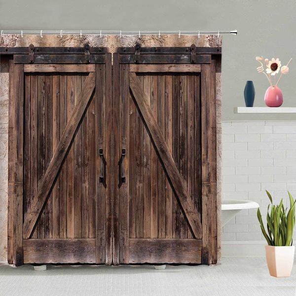 Tende da doccia Vintage Vecchia Porta di Legno Tenda da Doccia Fattoria Fienile Pianta Bordo Finestre Muro di Mattoni Retro Tende da Bagno Moderno Tessuto Bagno Arredamento