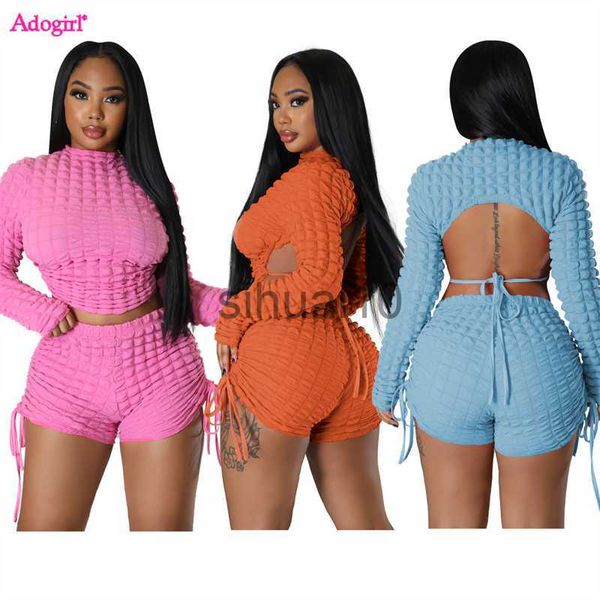 Calças Femininas de Duas Peças Adogirl Puffy Popcorn Conjuntos de 2 Peças Roupas Femininas Rendas Sem Costas Manga Longa Crop Top Calções com Cordão Sexy Fatos de Treino J230717