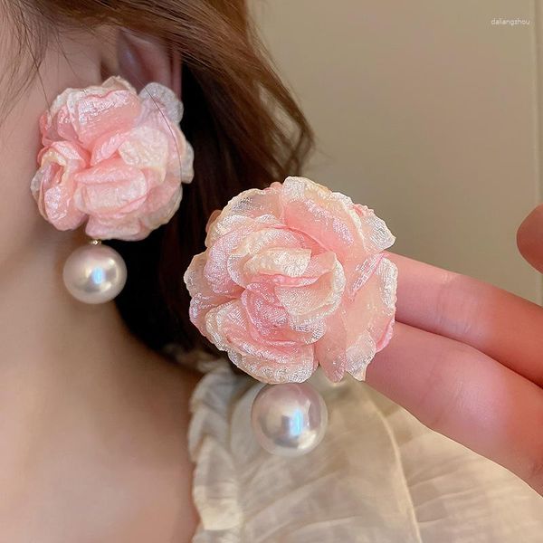 Orecchini a bottone KAITIN Fabric Art Flower Pearl For Women 2023 Summer Fahsion Pink Earring Luxury Designer Jewelry Wholesale