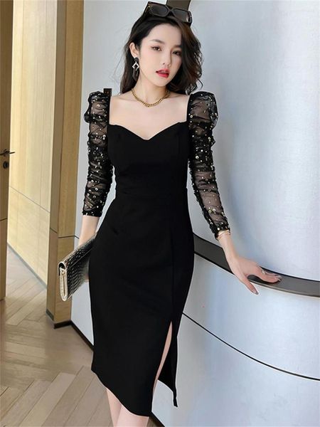 Günlük Elbiseler 2023 Kadınlarda Resmi Elbise Mujer Siyah Mesh Sparkly Pulin Sheer Low Cut Midi Femme Partisi Akşam Strentidos