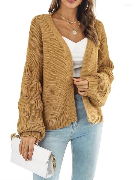 Suéter cardigã de tricô volumoso de tricô feminino com gola xale e frente aberta - Casaco outono inverno aconchegante