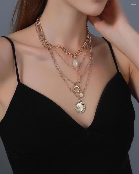 Colares com pingente colar de corrente grossa multicamada para mulheres joias gargantilha 2023 tendência moda vintage lua estrela pérola