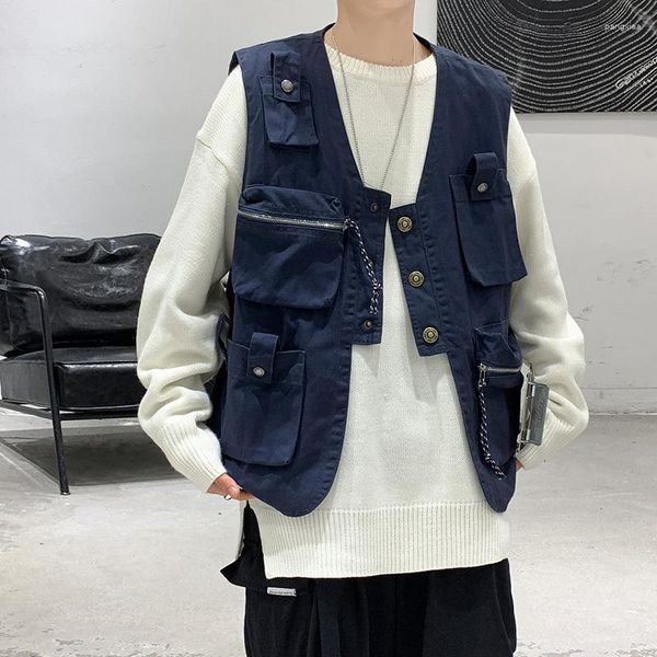 Männer Westen TFETTERS 2023 Junge Jacke Männer Sommer V-ausschnitt Kragen Lose Strickjacke Csual Weste Mantel Streetwear Hip Hop Mode Kleidung