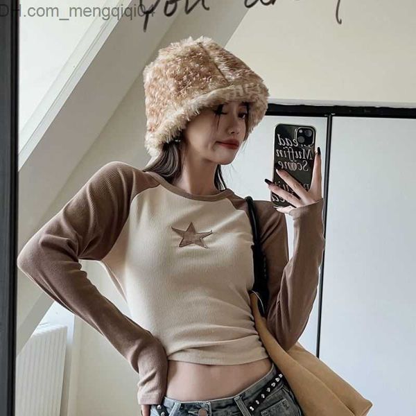 Women's Knits Tees Deeptown Kpop Vintage Star Brown Crop Top Donna Hippie Korean Fashion Patch Work Ultra Thin Top Harajuku T-shirt manica lunga Donna Z230717