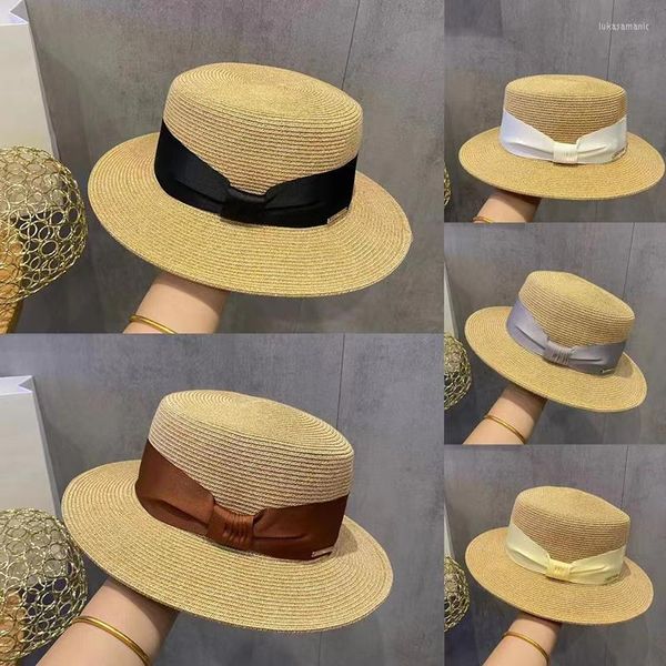 Cappelli a tesa larga Cappello di paglia Hepburn francese Fiocco Donna Estate Flat Top Protezione solare di lusso Ombra Viaggi Vacanze Tempo libero Panama Beach