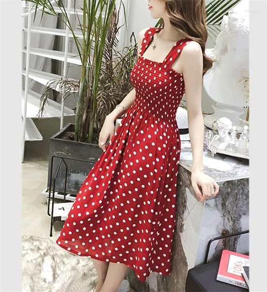 Vestidos Casuais Sem Manga Chiffon Vestido Longo Super Desconto Vestidos Para Mujer Robe Femme Verão Polka Dot Feminino Elegante Decote Quadrado