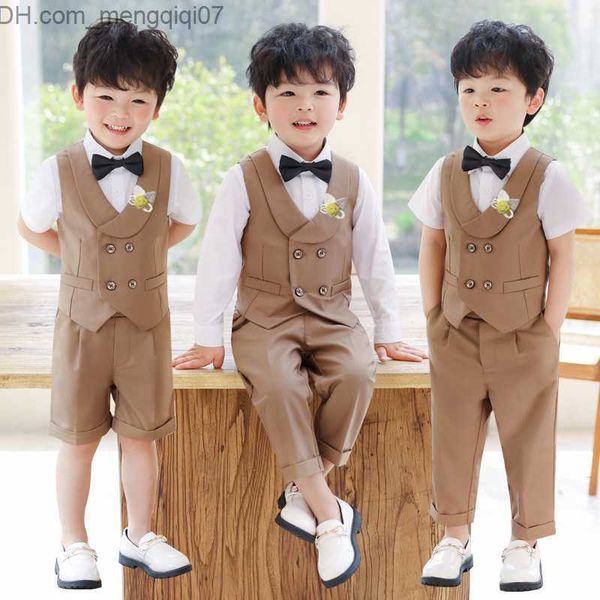 Conjuntos de roupas infantil Khaki colete vestido conjunto primavera e verão festa de primeiro aniversário para meninos roupas de casamento roupas infantis colete britânico calças roupas Z230717