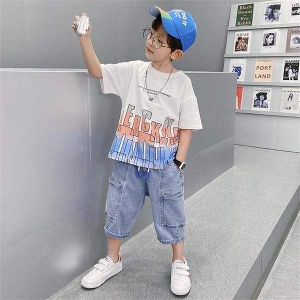 Completi di abbigliamento Estate Neonati maschi Vestiti Bambini Cool T Shirt Pantalone 2 pezzi / set Bambino Jeans Teenage Cartoon Tees Pantaloni sportivi Top