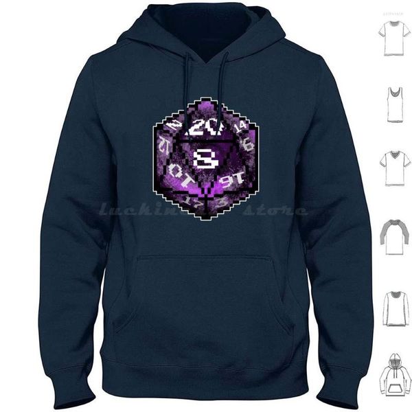 Moletons masculinos Roxo D20 Moletom com capuz Algodão Manga comprida Pétala de rosa Dice D Dnd Rpg Jogos de interpretação de papéis Caneta e papel Mesa