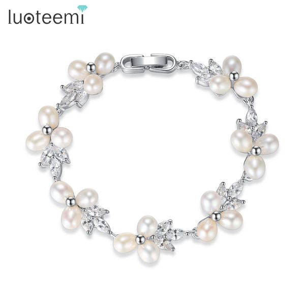 Jaquetas luteemi elegante cz água doce pérola pulseira cúbica zircônia feminina flor jóias de noivado de casamento de noiva