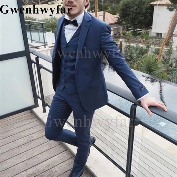 Ternos Masculinos Gwenhwyfar Azul Profundo Mais Recente Moda Lapela Notched Custom Made One Button Men Summer Blazer Three Pieces Slim Fit Pant Colete