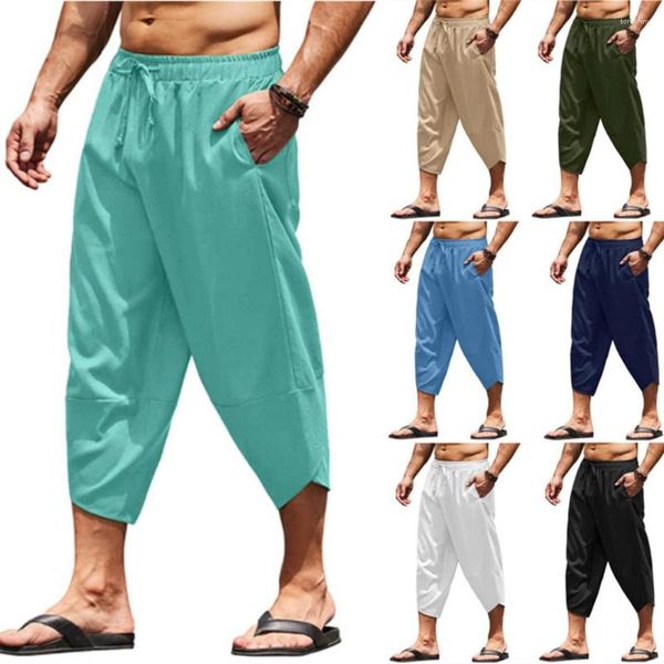 Calças masculinas de algodão e linho cor sólida cordão solto verão seção fina lápis de nove pontas shorts casuais roupas