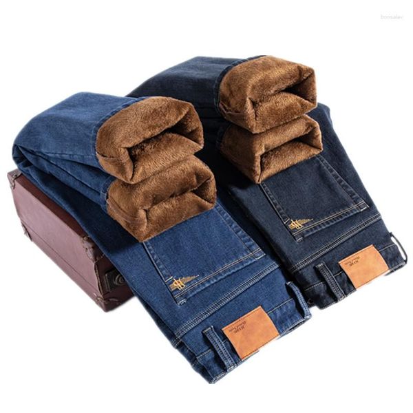 Herren-Jeans, Größe 29–46, Winter, dicke Fleece-Linie, warme Denim-Hose, Business-Casual, lockere, gerade elastische Hose