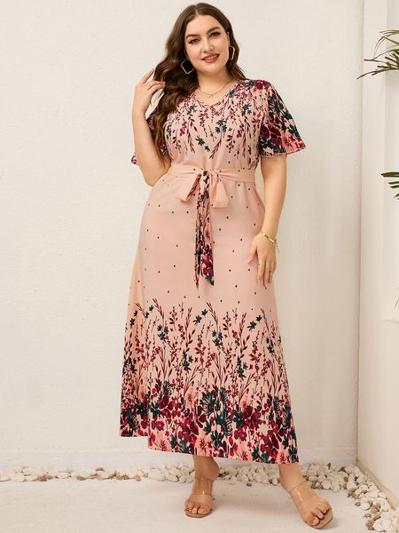 Plus Size Kleider Damen Sommer Langes Kleid V-Ausschnitt Kurzarm Blumendruck Boho Strandkleid Kurvige Frau Plus Size Damen Kleidung 230715