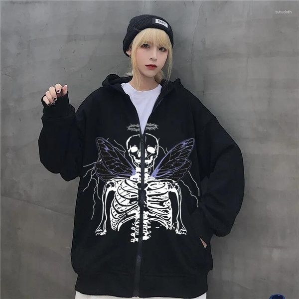 Moletons femininos Halloween Skull Butterfly Skeleton Angel Street Hip Hop Gothic Harajuku Y2k Zip Up Hoodie Feminino Chic Jacket Coat