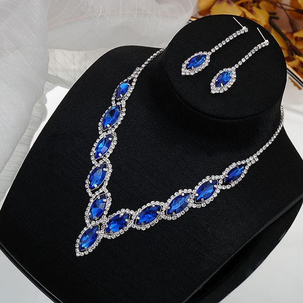 Свадебные ювелирные украшения наборы 2PEECE BLUE CRISTAL SET Европейский и американский колье невесты Универсальный цвет моды оптом 230717