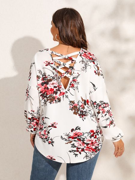 Damen-T-Shirt in Übergröße, Finjani, Übergröße, Damenbluse, Blumendruck, überkreuzte Blusen am Rücken, abgerundeter Saum, elegante Damenbekleidung 230715