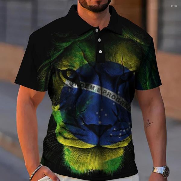 Camisa Polo Masculina 3D Bandeira do Brasil Estampada Roupas de Alta Qualidade Verão Casual Manga Curta Solta Blusa Oversized